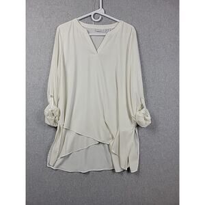 Susan Graver Ivory RTS V Neck Assemetrical Layered Blouse Women's Petite 14P